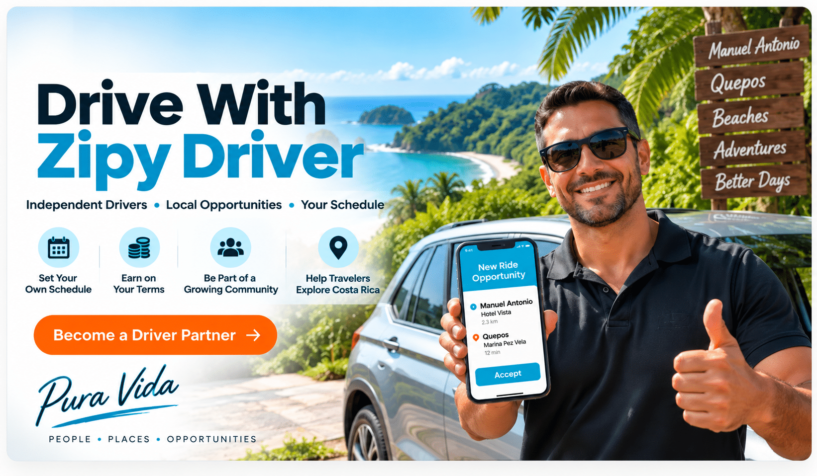 Drive with Zipy Driver - independent driver opportunities across Costa Rica