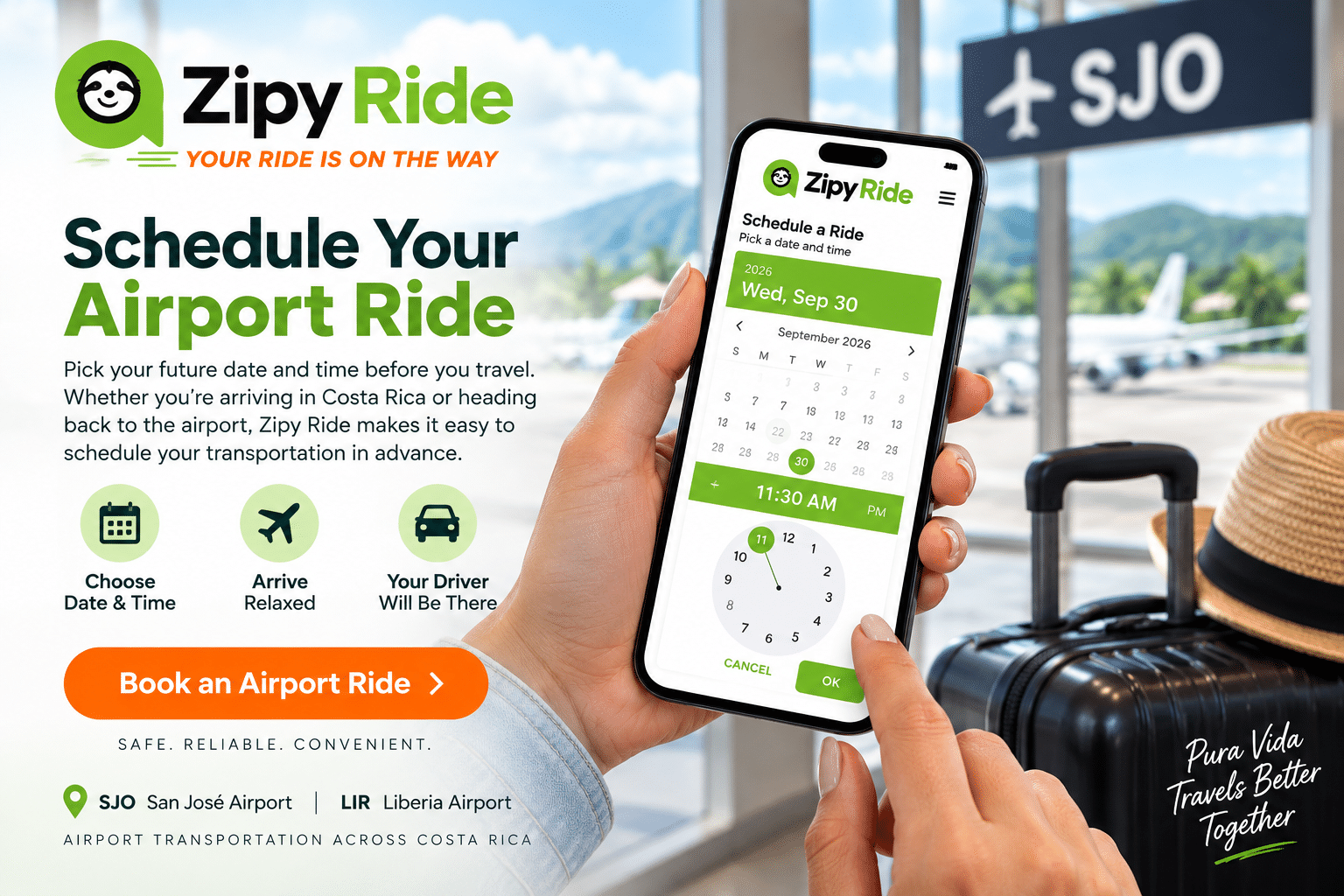 Traveler scheduling a future airport ride date and time with the Zipy Ride app in Costa Rica