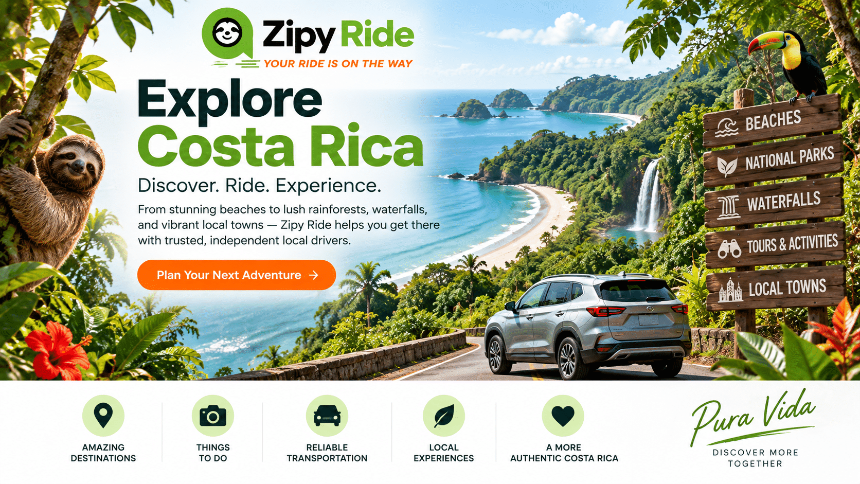 Explore Costa Rica beaches rainforest waterfalls and destinations with Zipy Ride